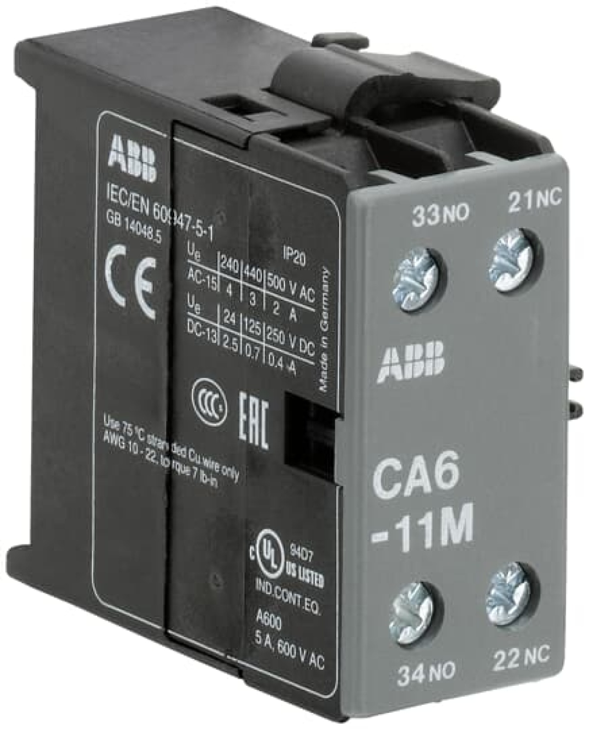 CA6-11M Auxiliary Contact 1NO1NC screw terminal, side mounted
