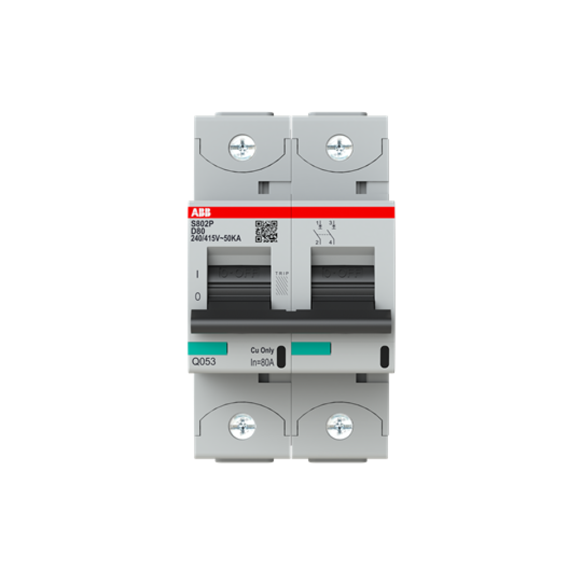 S802P-D80 High Performance Circuit Breaker. D Characteristic. 50kA, 80A, 2P