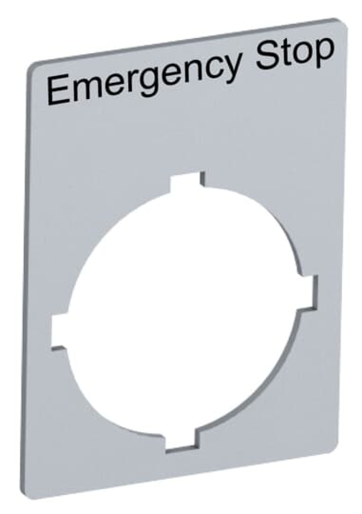 Rectangular legend plate 29,6x39 mm aluminum with text Emergency stop Legend Plate