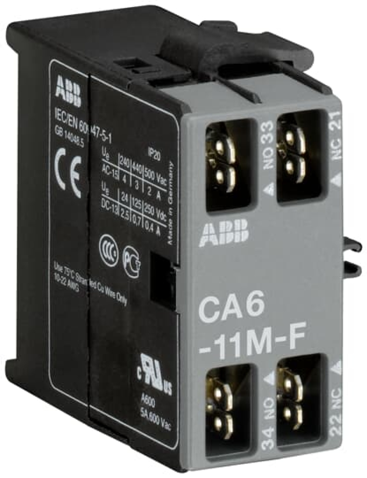 CA6-11M-F Auxiliary Contact 1NO1NC flat pin, side mounted