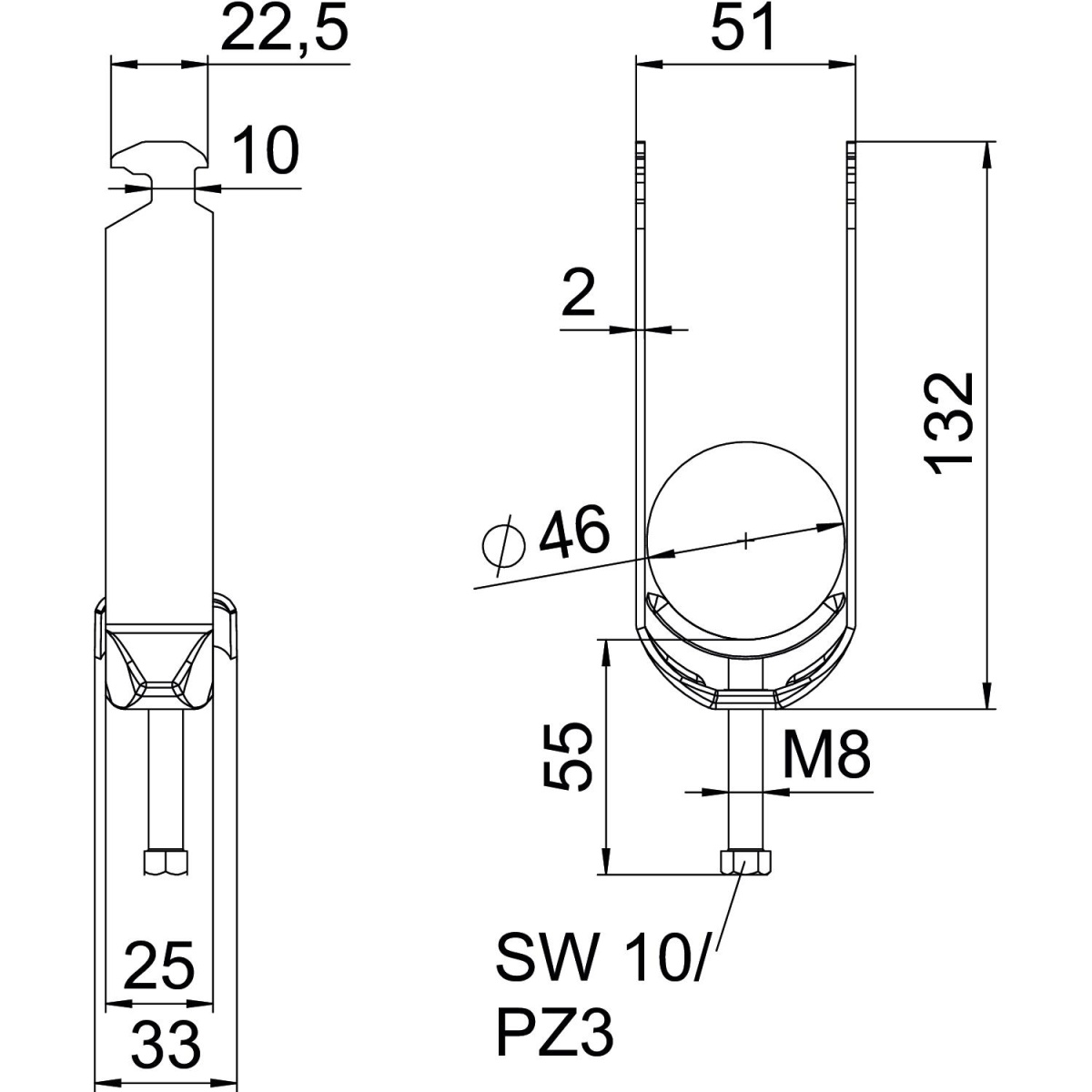 Abraçadeira BBS 2056 dupla 40-46mm Aço inoxidável, livre de ferrugem A2 1.4301 brilhante, pós-tratamento