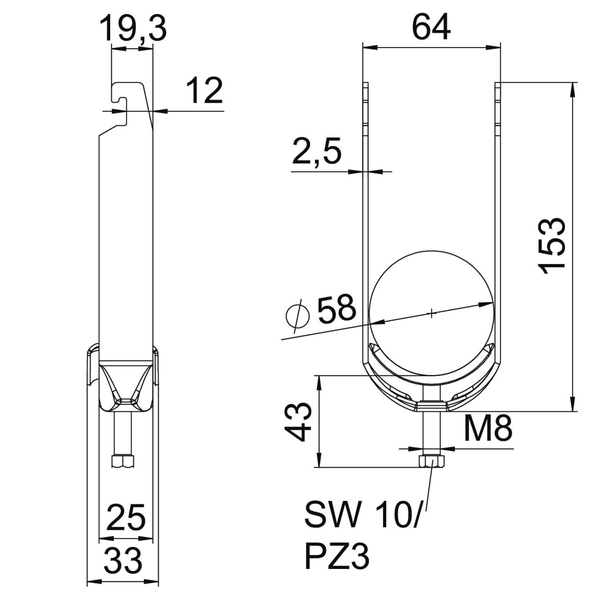 Abraçadeira BBS 2056 dupla 52-58mm Aço Galvanizado por imersão a quente após maquinação