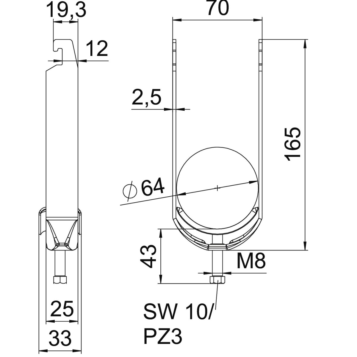 Abraçadeira BBS 2056 dupla 58-64mm Aço Galvanizado por imersão a quente após maquinação