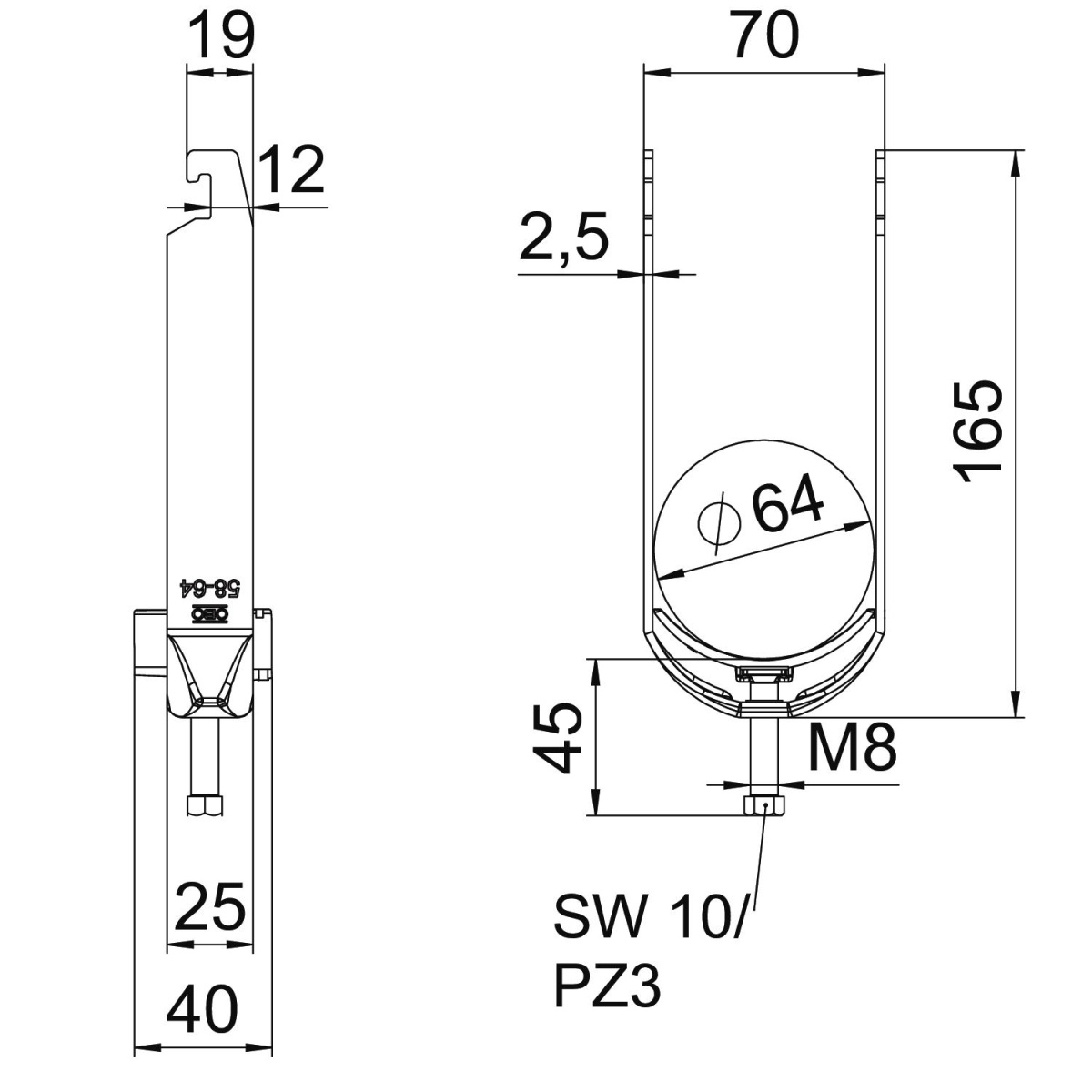 Abraçadeira BBS 2056 dupla 58-64mm Aço Galvanizado por imersão a quente após maquinação