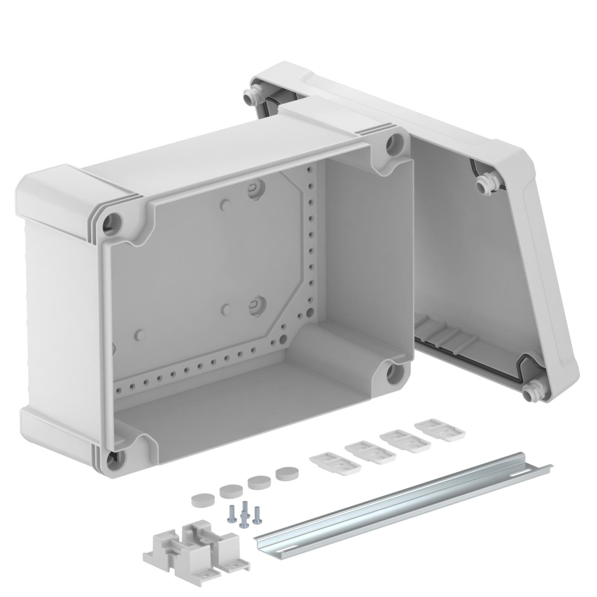 Caixa vazia com calha DIN 2069 286x202x125 Policarbonato cinzento claro RAL 7035