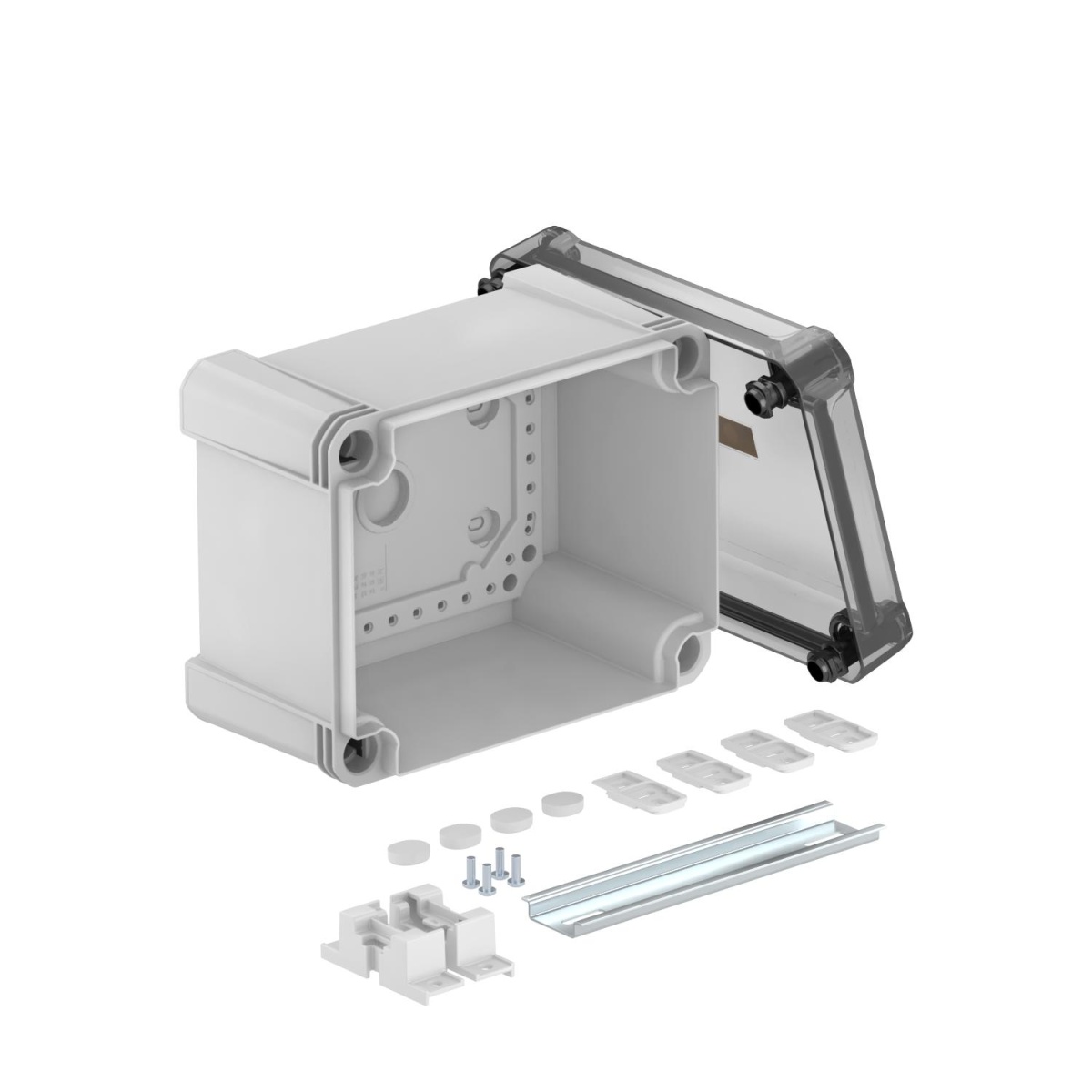 Caixa vazia tampa transparente, calha 2069 190x150x125 Policarbonato cinzentotransparente