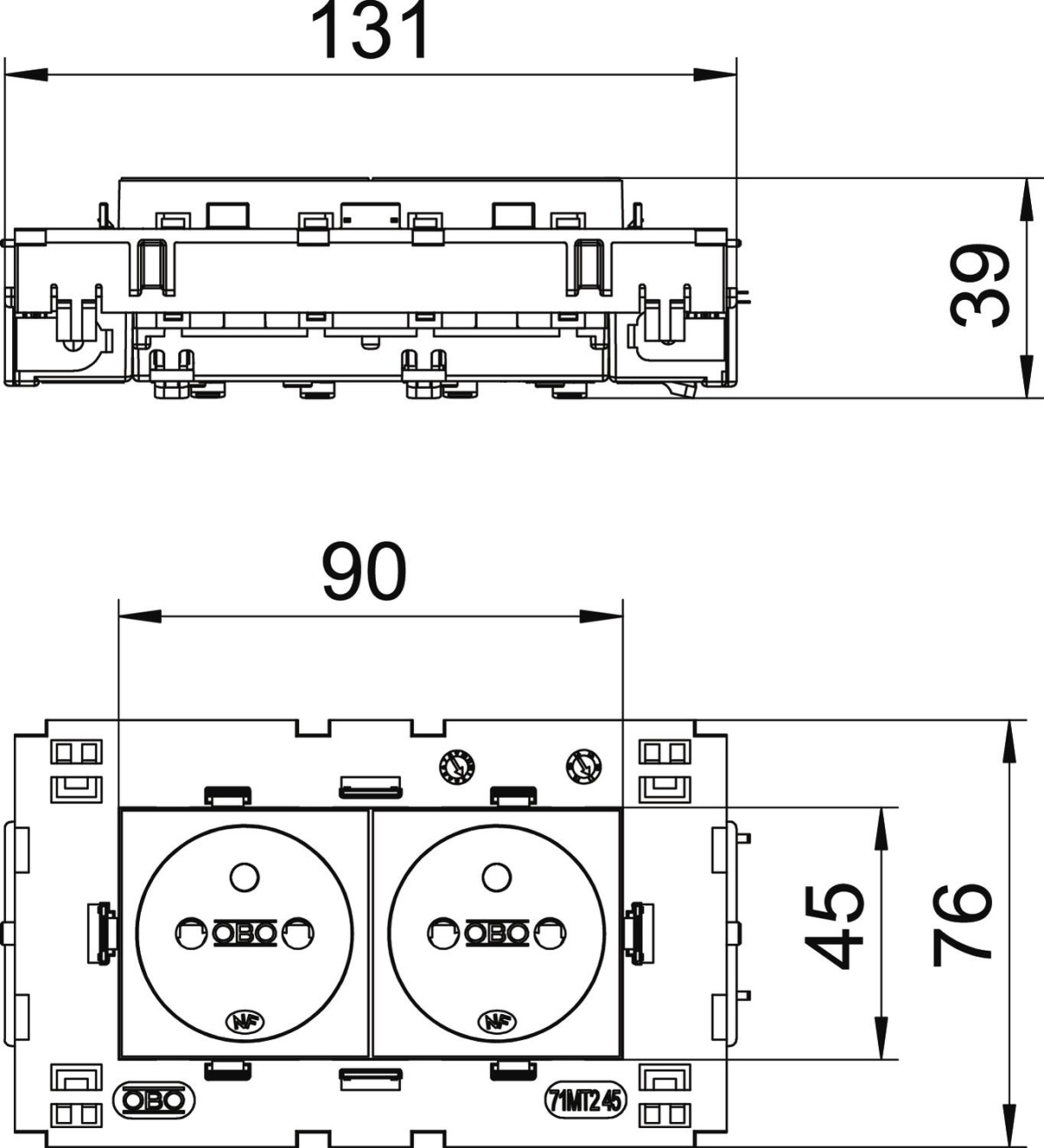 Tomada 0º, dupla com pino de terra, Connect 80 250V, 1016A Policarbonato cinzento antracite RAL 7021