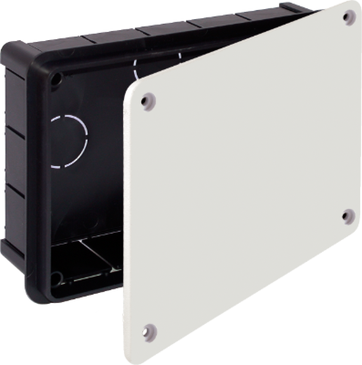 Flush connection box. 200 x 130 mm. Cover with screws.