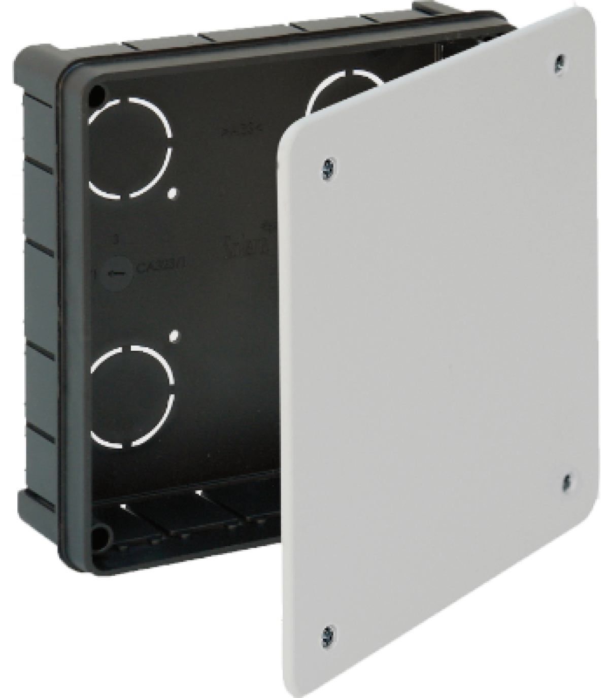 Flush connection box. 150 x 150 mm. Cover with screws.