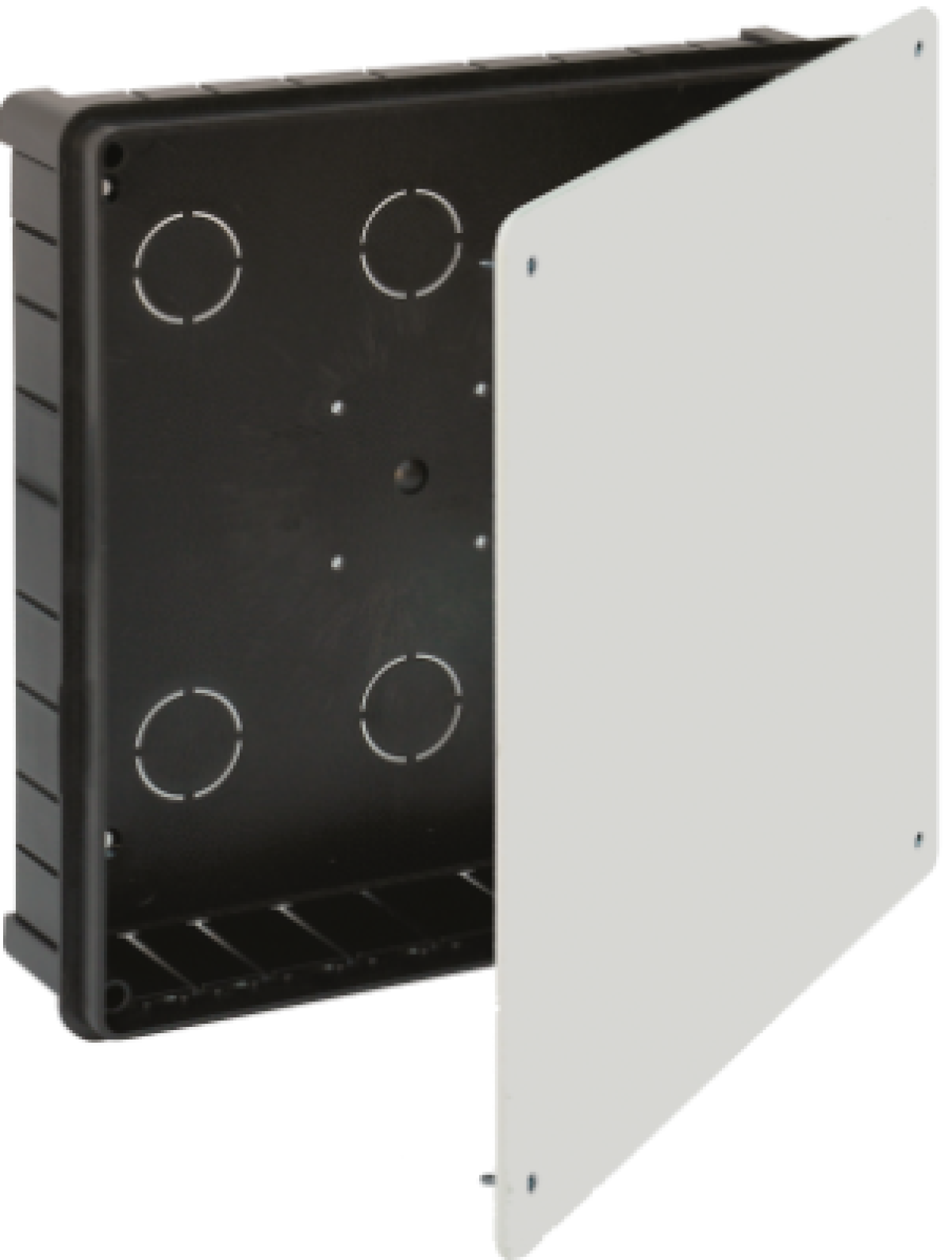 Flush connection box. 250 x 250 mm. Cover with screws.