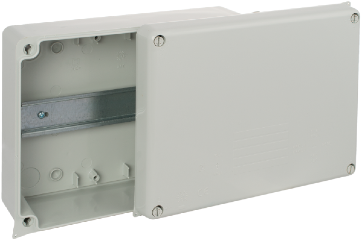 Watertight connection box 220 x 170 x 80 mm without cones. Grey colour and DIN rail.