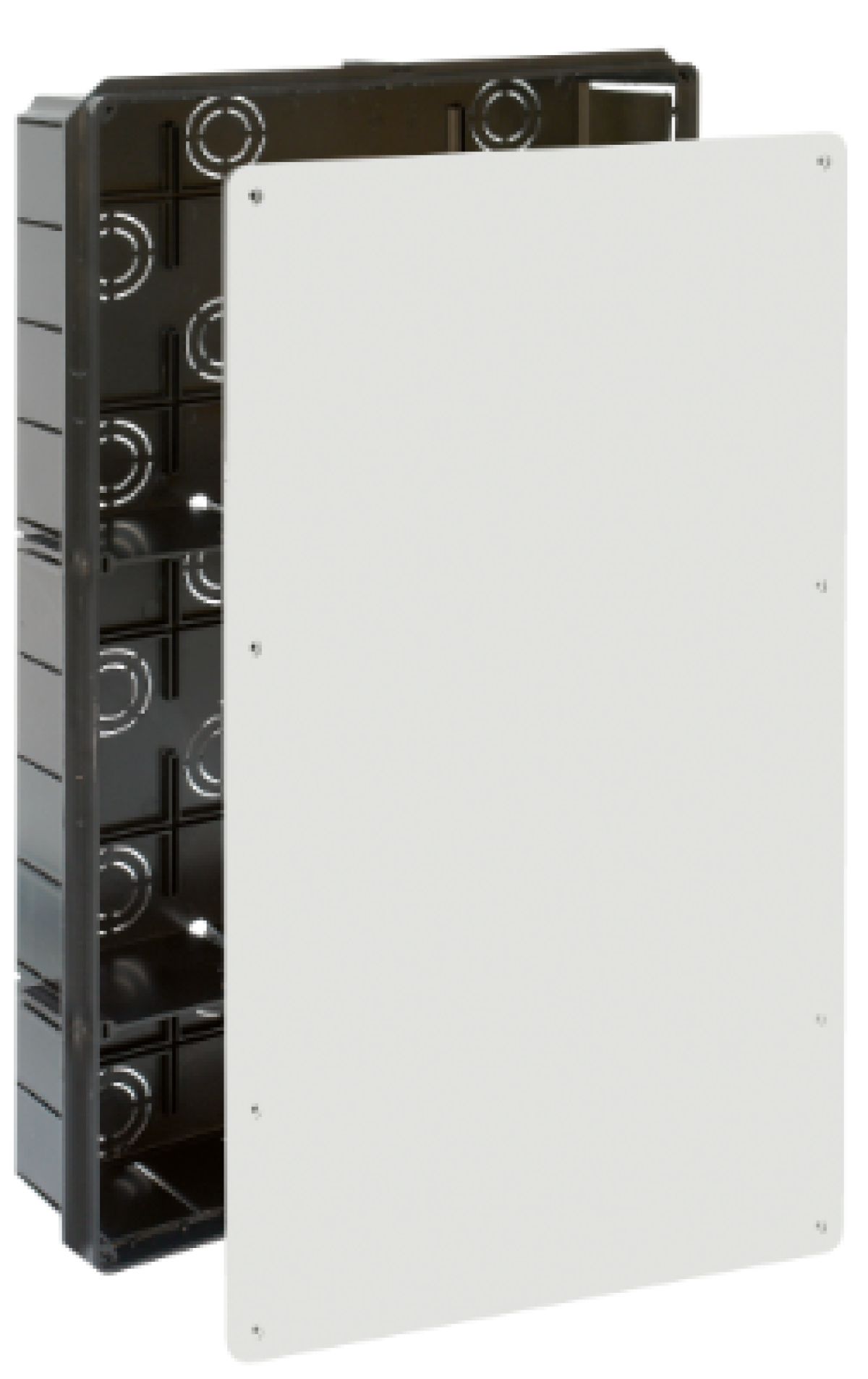 Flush connection box. 300 x 500 x 85. Cover with screws.