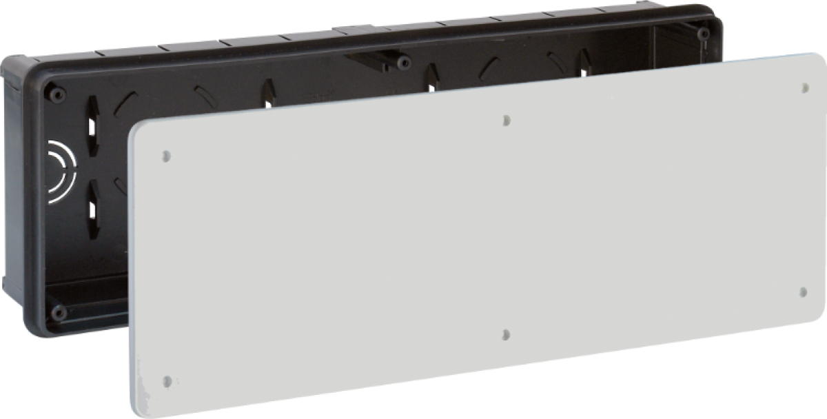 Flush connection box. 430 x 147.5 mm. Cover with plastic claw and possibility of additional screws.
