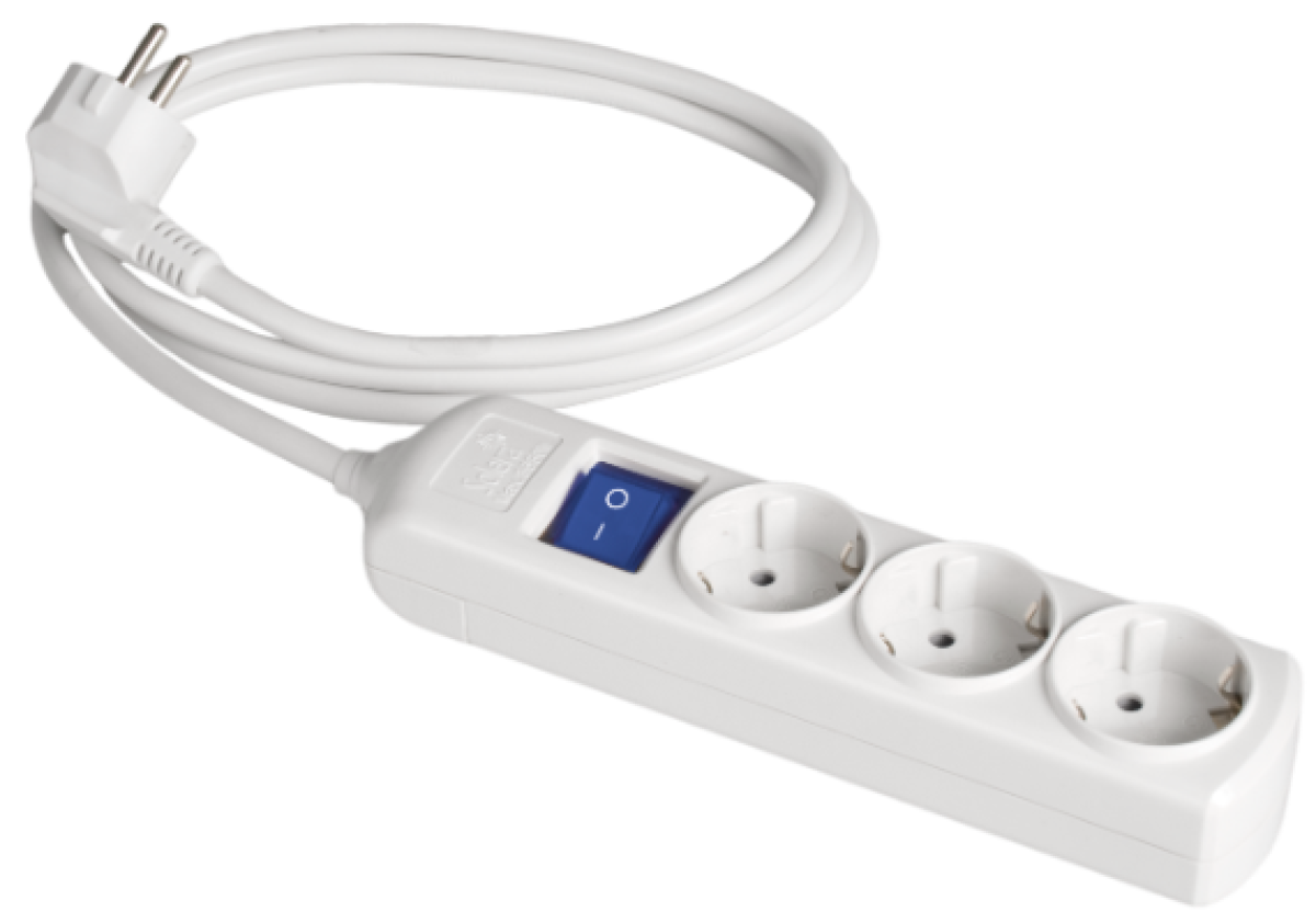 Cabo de extensão com 3 bases 2P + T, 16A 250V ~. Com interruptor de luz. Cabo de 3 m
