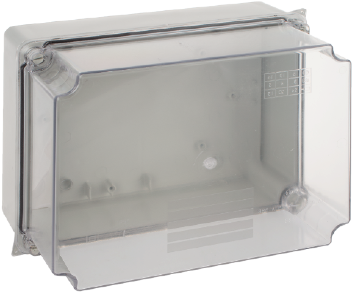 Watertight connection box 220 x 170 x 140 mm without cones. Grey colour with clear lid.