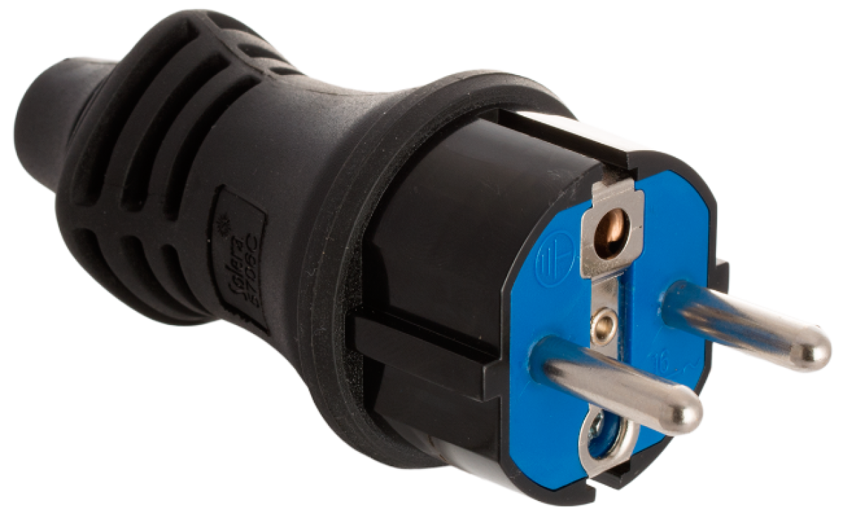 Plugue 2P + E, 16A 250 V ~. Borracha preta.