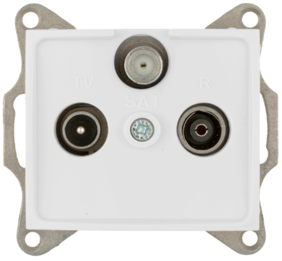 Final satellite, TV and radio outlet. Single input. Flush-mounted.