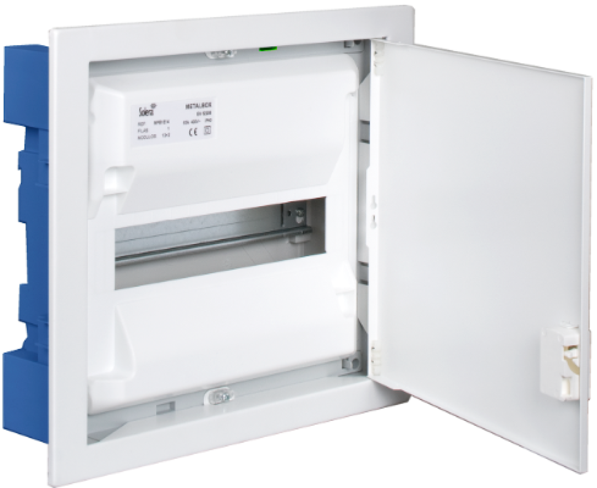 Flush distribution box in hollow partition of 14 modules. With white metal frame and door