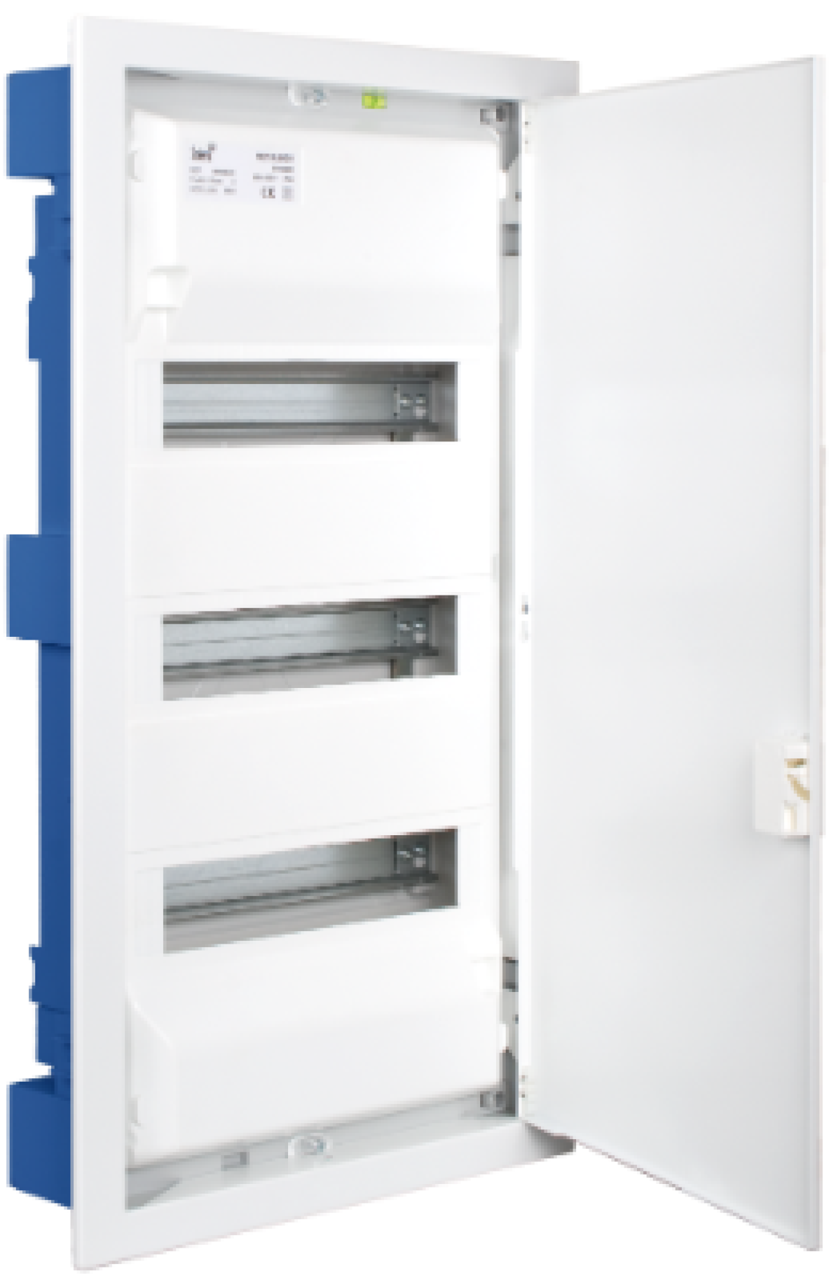 Flush distribution box in hollow partition of 42 modules. With white metal frame and door