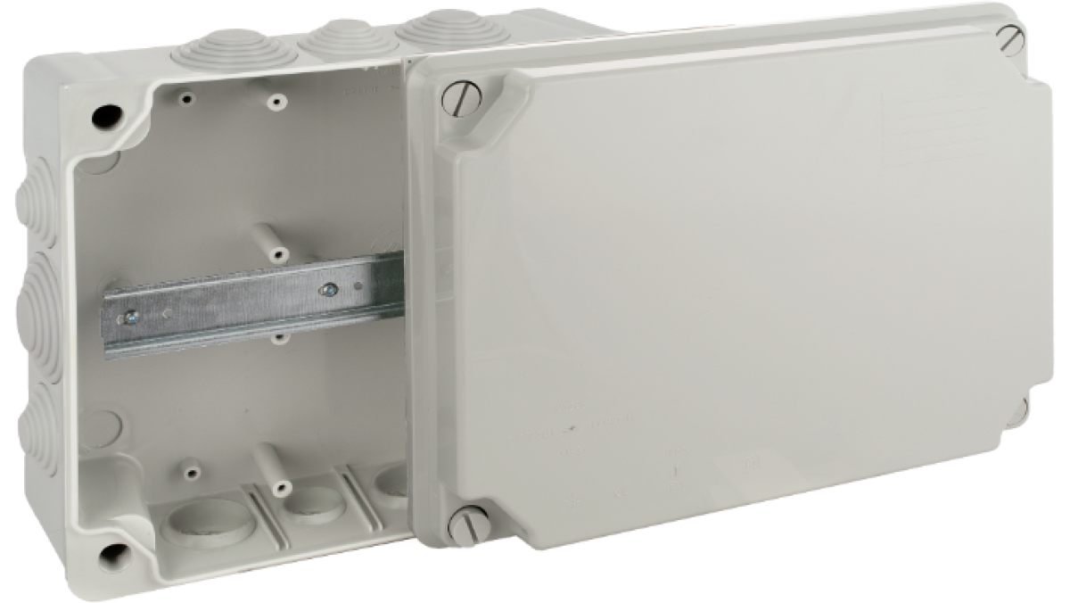 Caixa de ligação estanque 310 x 240 x 125 mm com cones. Cor cinzenta. Com calha DIN.