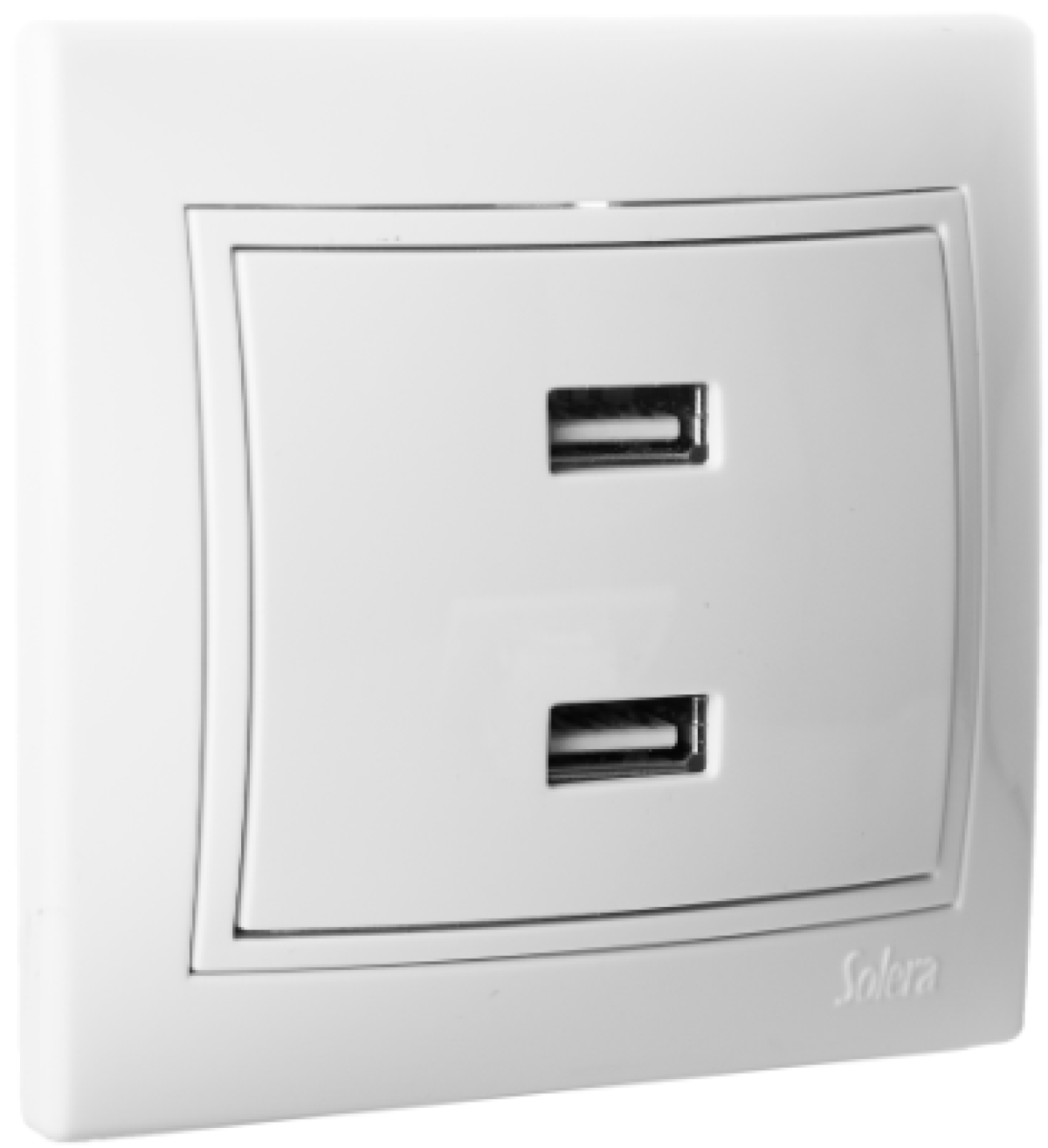 Double USB charger. Input: 230V~. USB output: 5V, 4200 mA (total). Standby: <0.1 W. Monobloc. Flush-mounted.