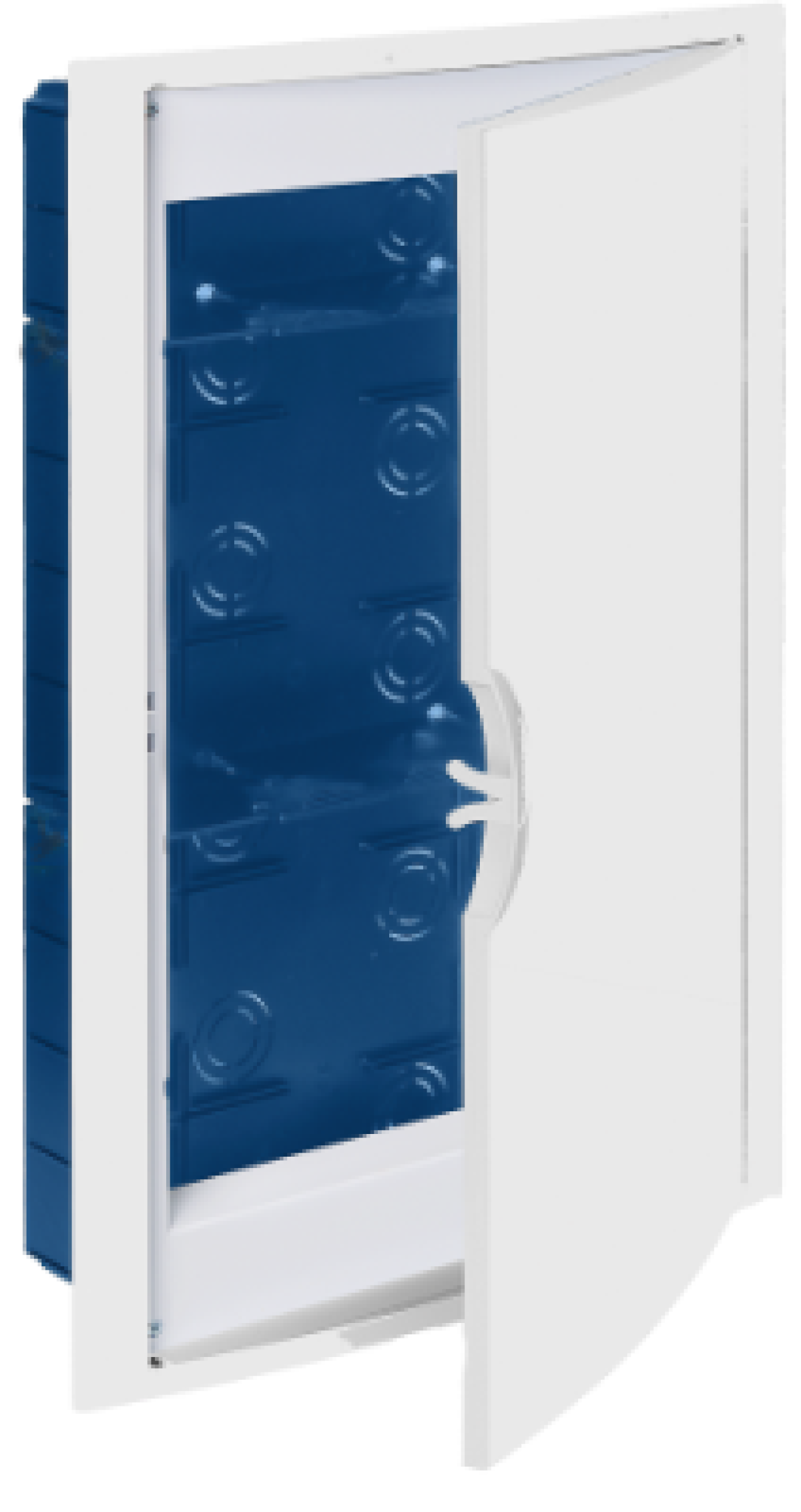 Flush connection box in hollow partition. 300 x 500 x 60 mm. With frame and door. White colour. Blue box.