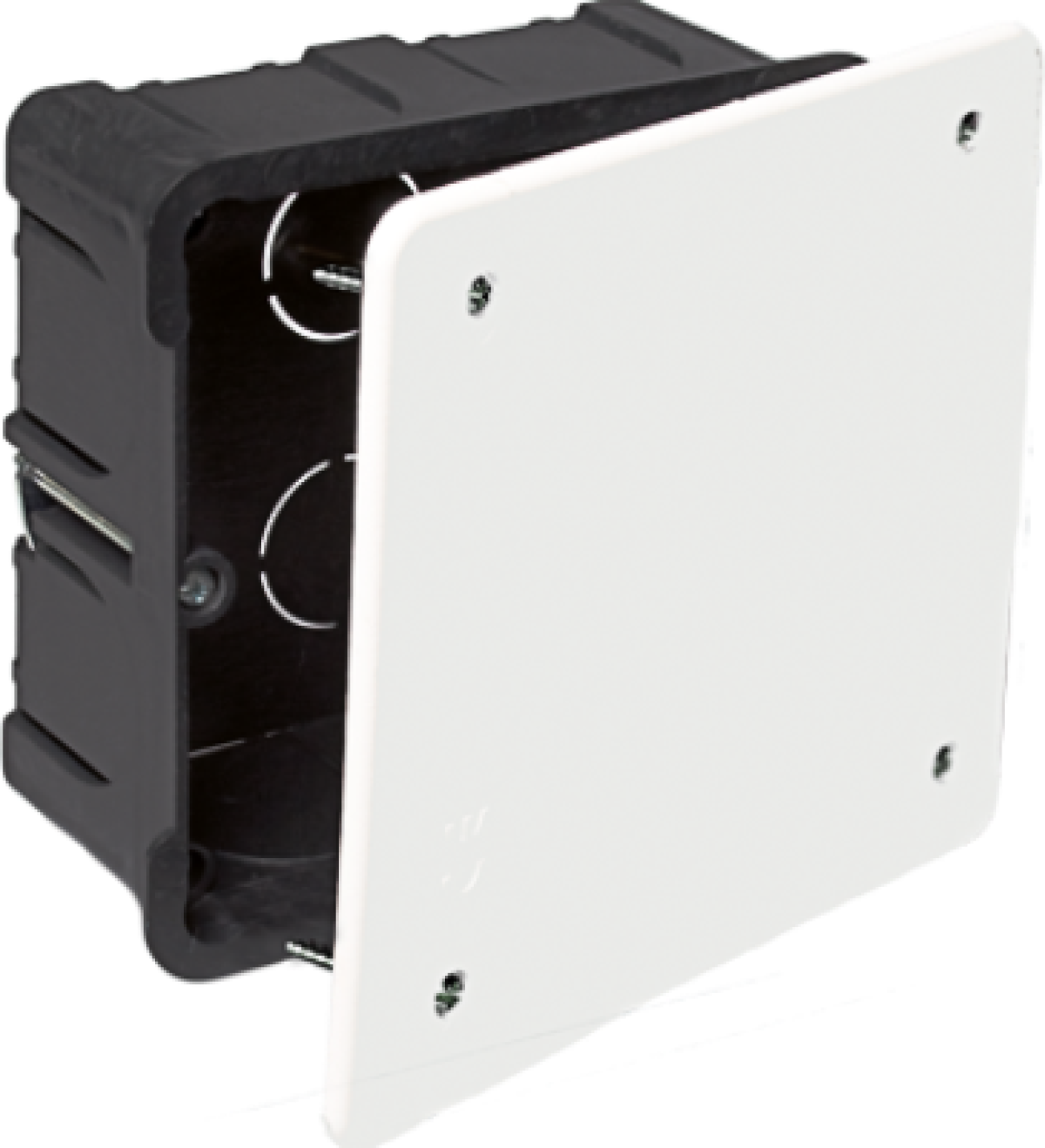 Flush connection box in hollow partition. 107 x 107 mm. Cover with screws.