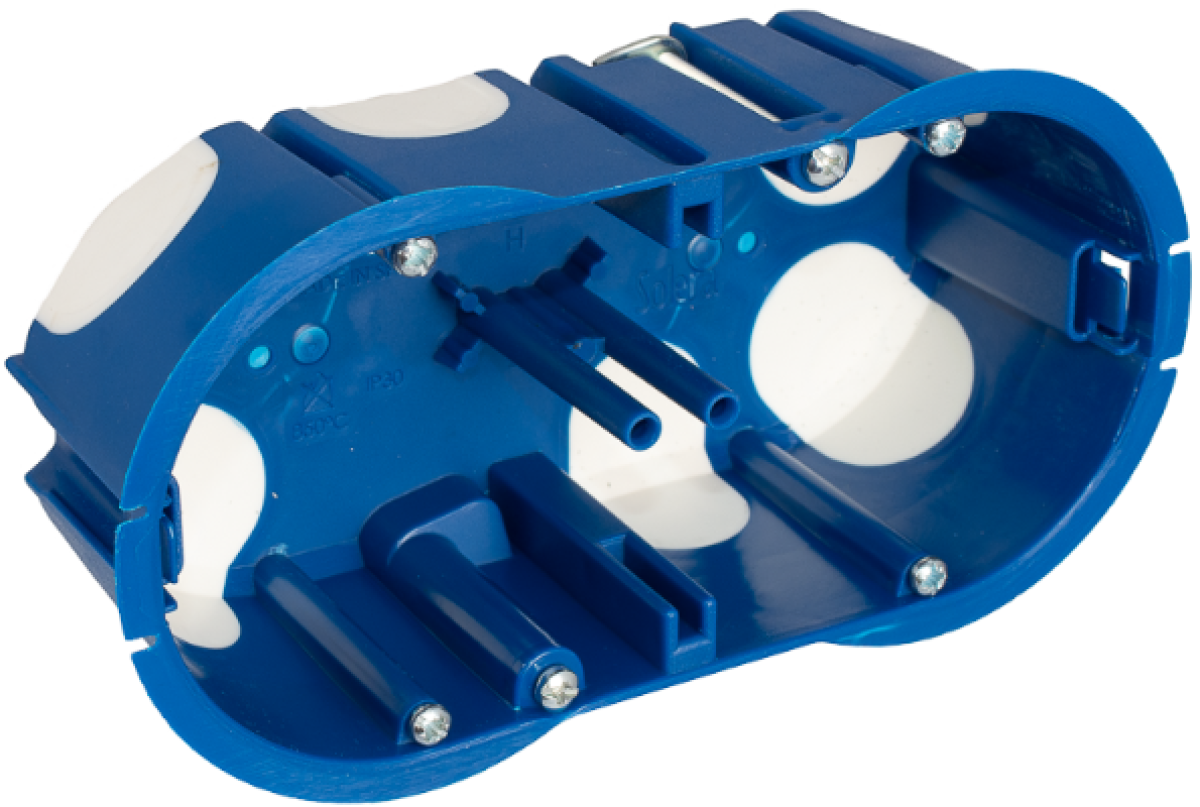 Flush efficient mechanism box in hollow partition. For 2 modules. Fixing with metal claws.