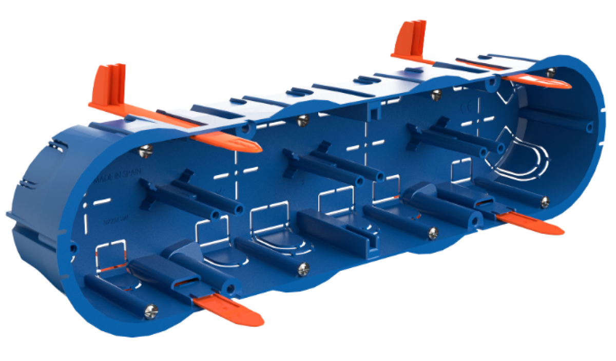 Flush mechanism box in hollow partition. For 4 modules. Nylon ties fixing system.