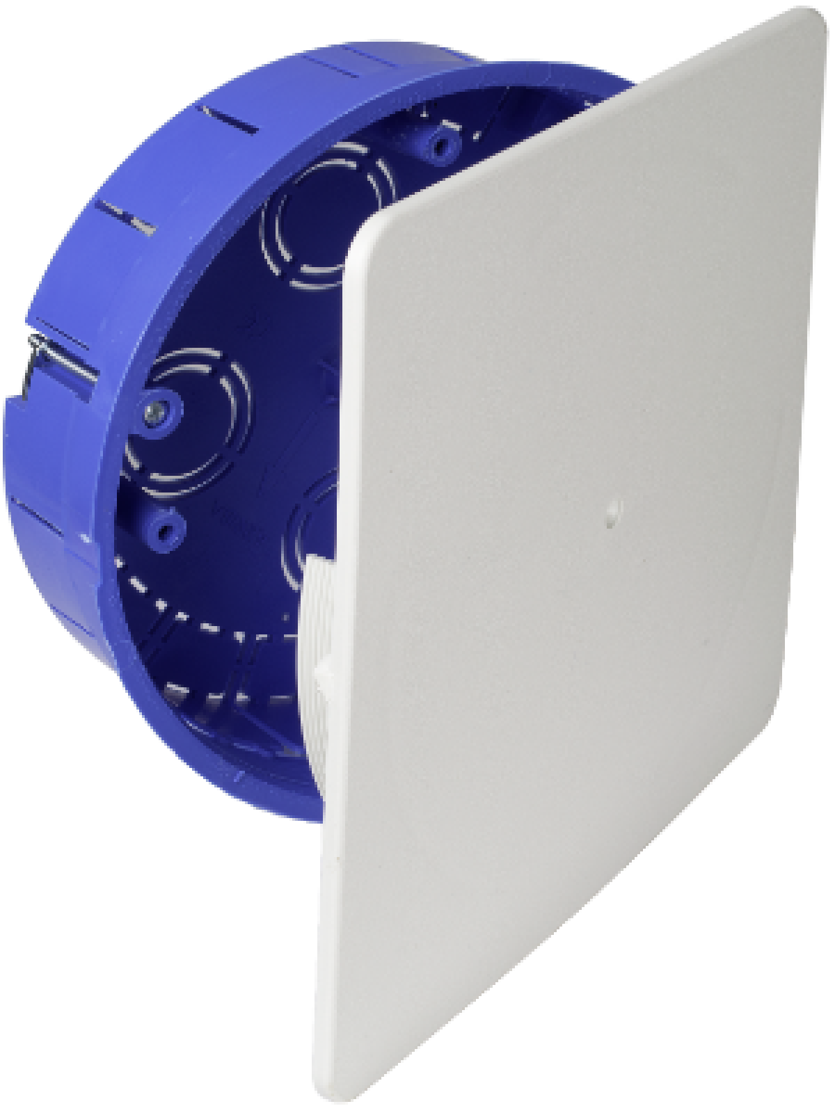 Flush connection box in hollow partition. Ø 150 mm. Square leveling cover. Perimeter adjustment. With central screw.