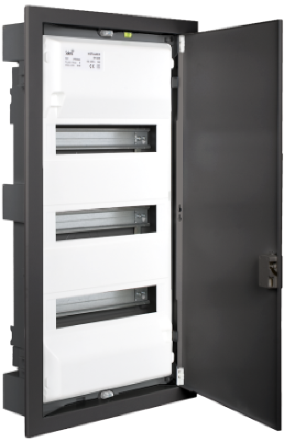 Flush distribution box of 42 modules. With metallic frame and door, graphite colour.