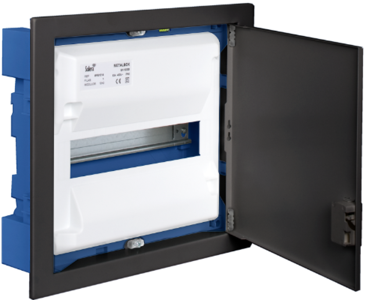 Flush distribution box in hollow partition of 14 modules. Fixing system using metal claws. Ref. G-MP28. Graphite colour.