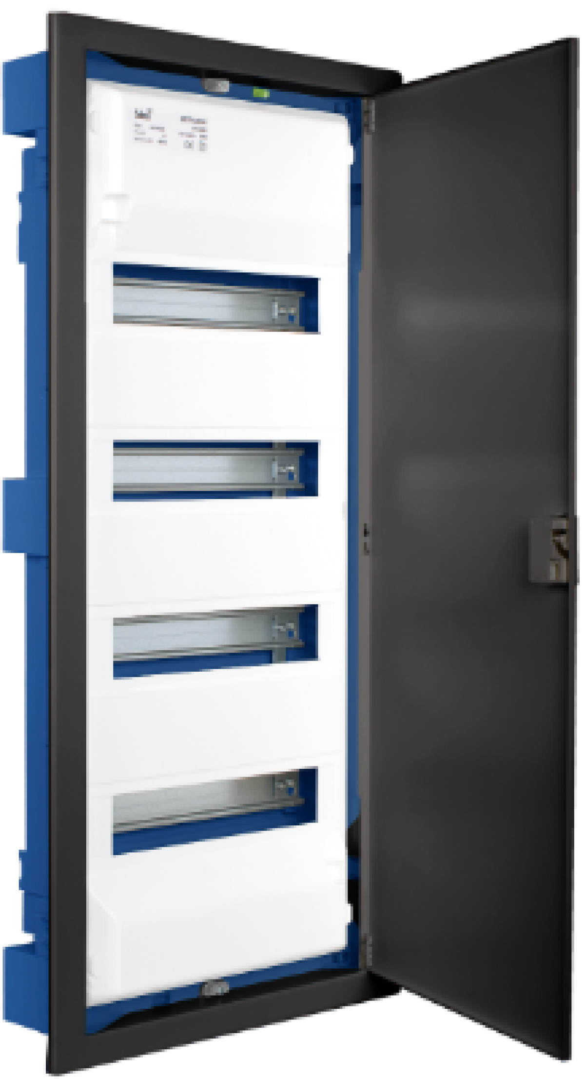Flush distribution box in hollow partition of 56 modules. With graphite colour metal frame and door