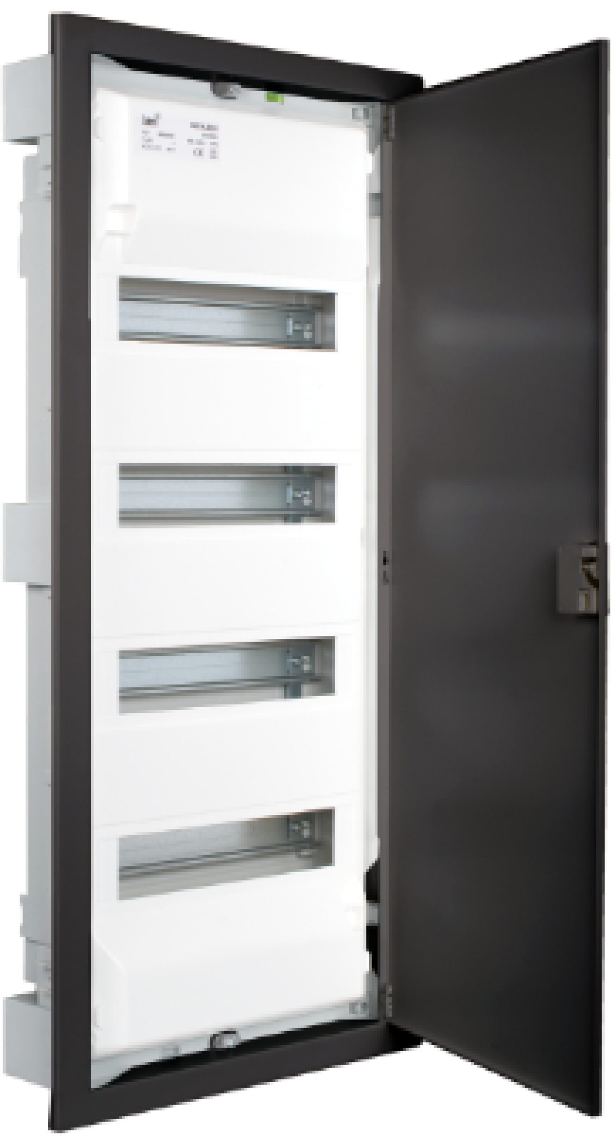 Flush distribution box of 56 modules. With metallic frame and door, graphite colour.