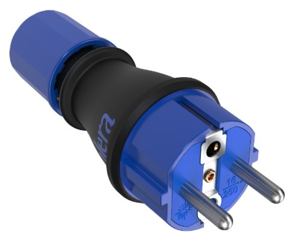 Plugue 2P + E, 16A 250V ~. Borracha preta.