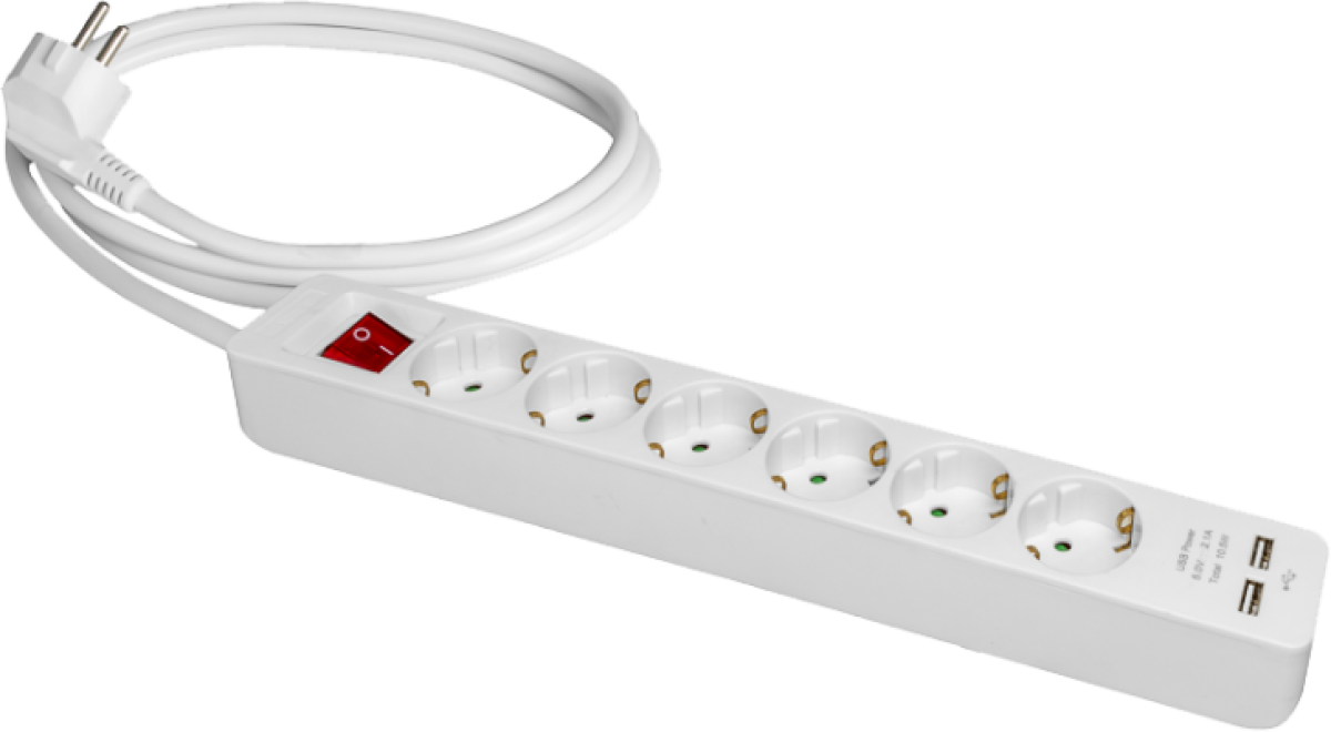Cabo de extensão com 6 bases 2P + T, 16A 250V ~. + 2 soquetes USB 2.1A 5V DC.