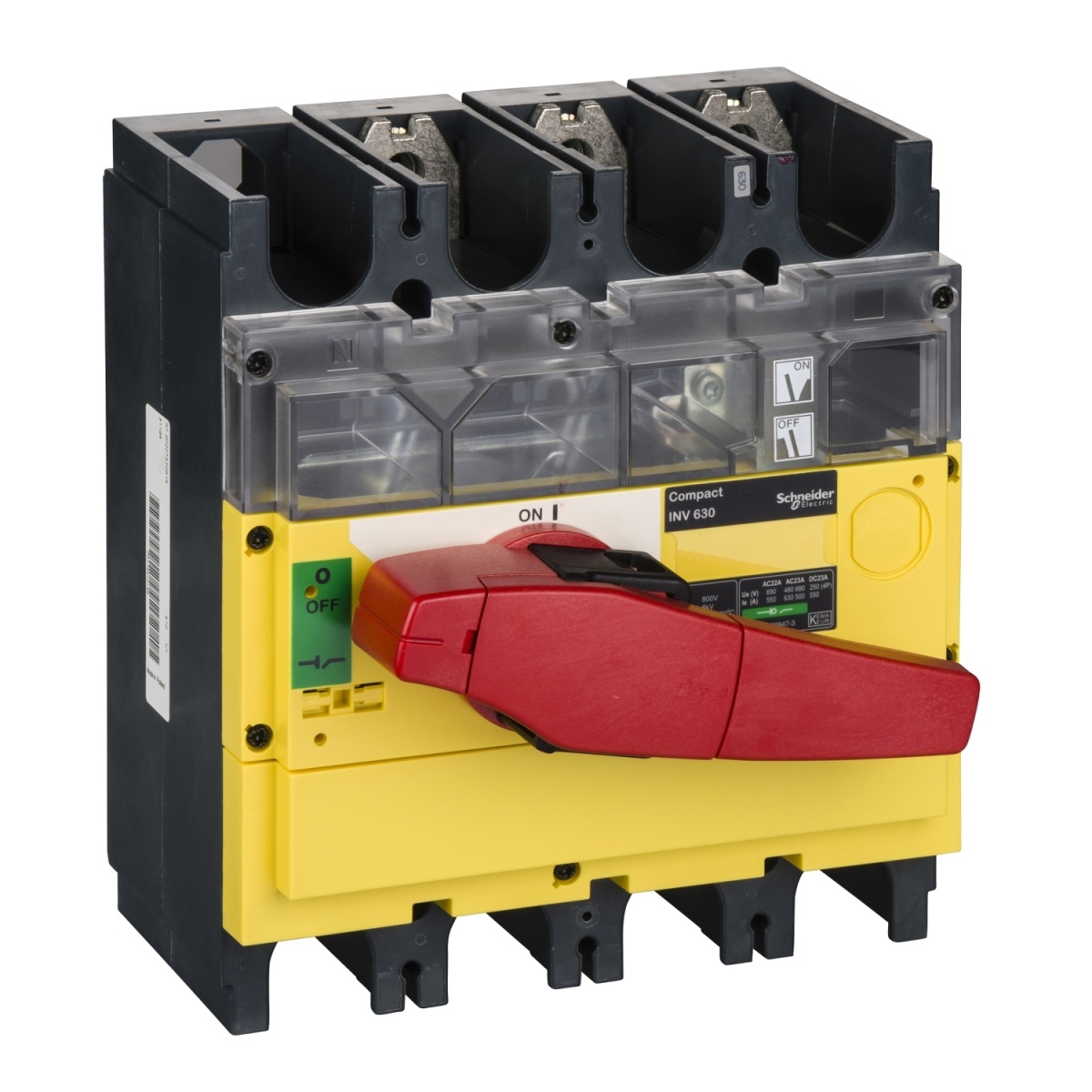 interruptor seccionador Interpact INV 630 3P punho vermelhoface frontal amarela