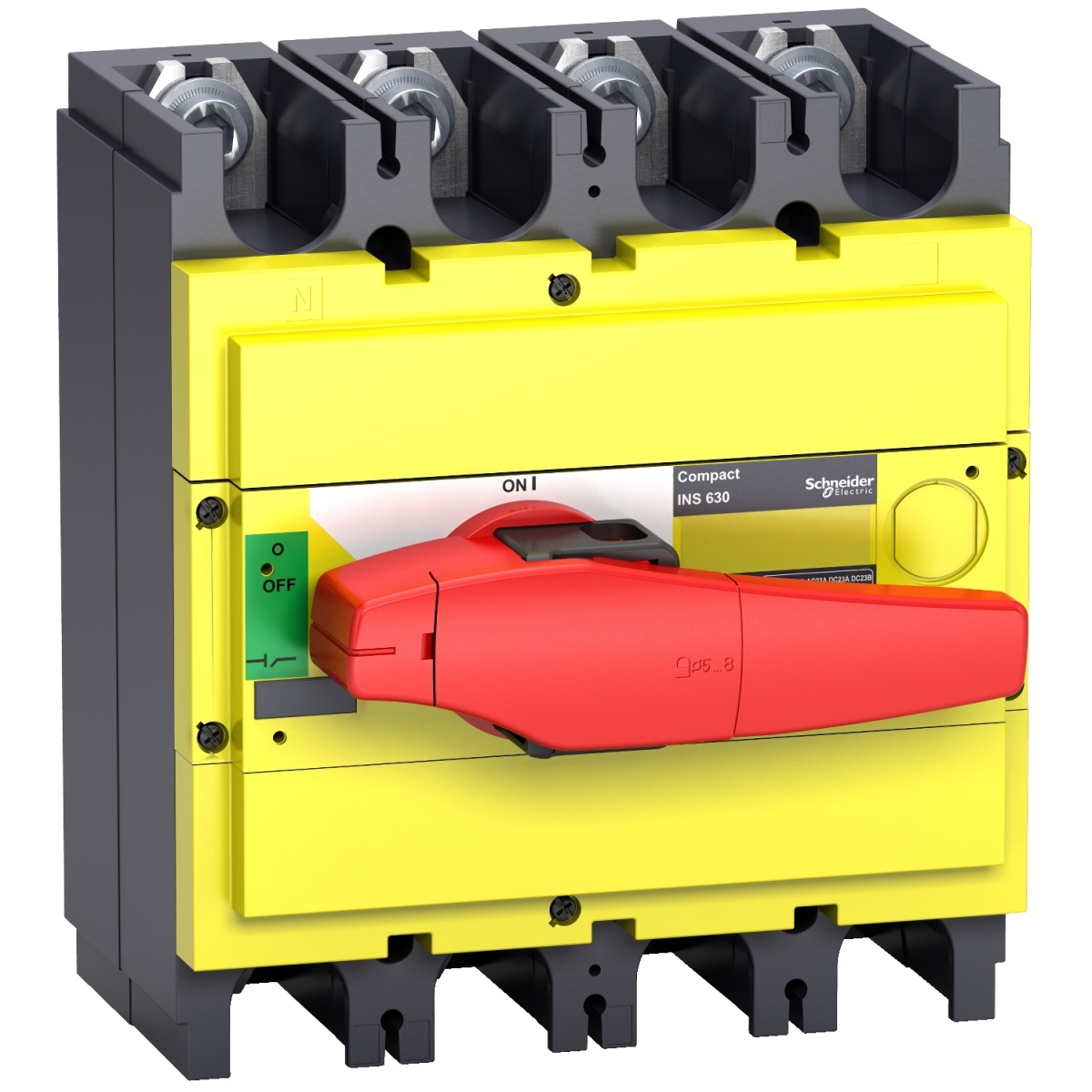 interruptor seccionador Interpact INS400 4P punho vermelhoface frontal amarela