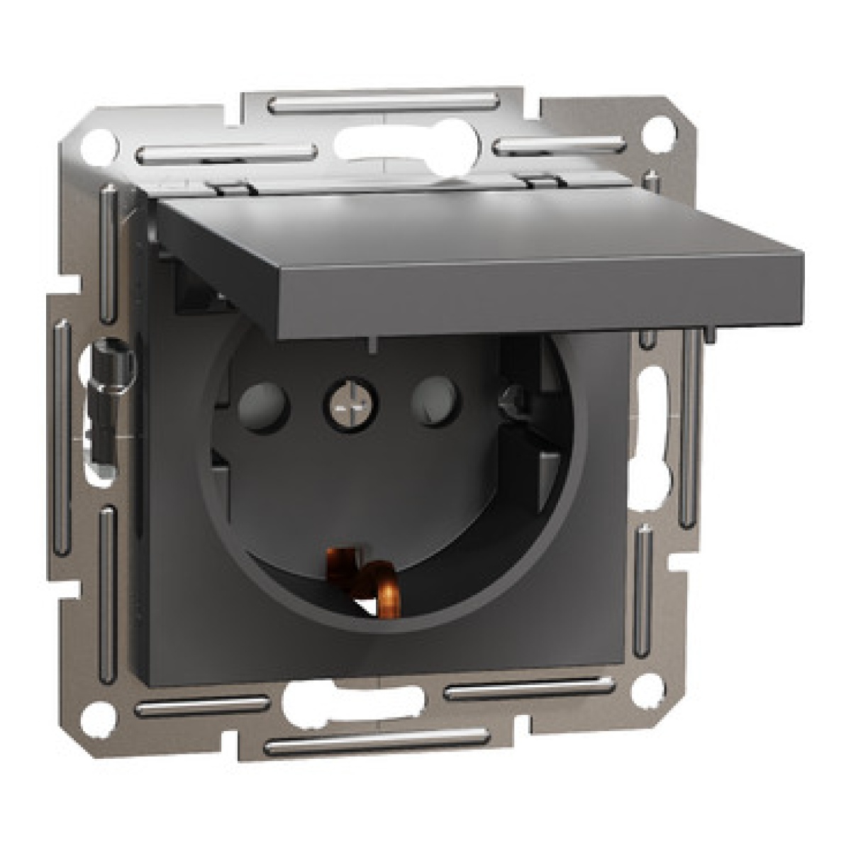 Asfora - single socket outlet with side earth with lid, wo frame, anthracite