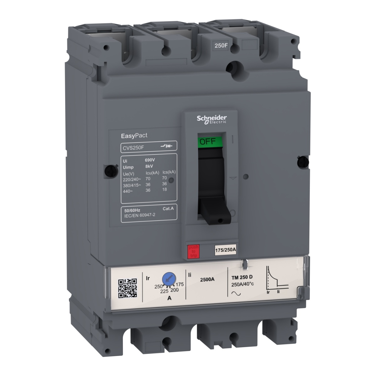 circuit breaker EasyPact CVS100F, 36 kA at 415 VAC, 100 A rating thermal magnetic TM-D trip unit, 3P 3d