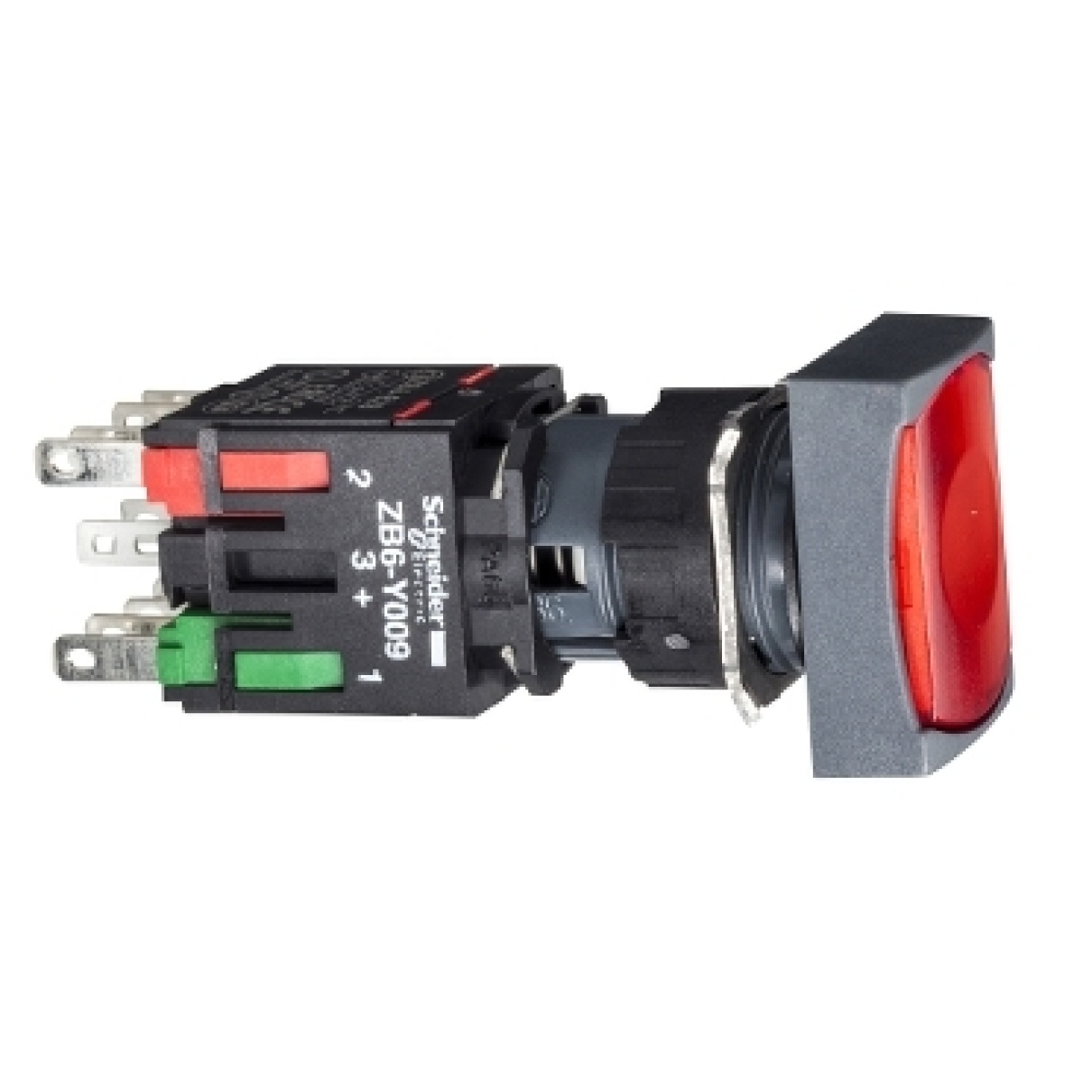 Complete illuminated push button, Harmony XB6, red rectangular flush illum pushbutton Ø 16 latching 1NC 12...24 V