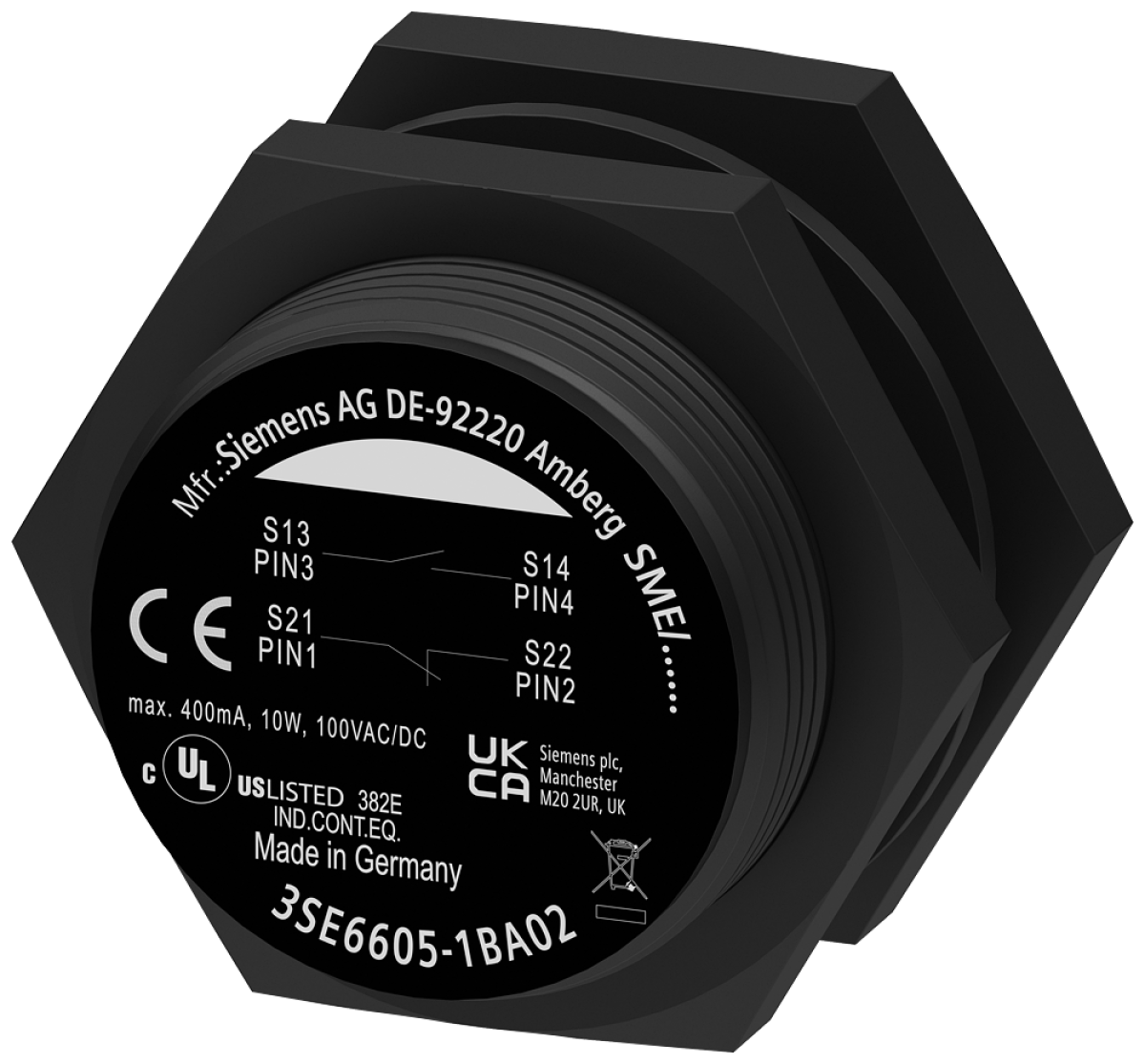 Magnetic switch contact block round M30 contact elements 1 NC1 NO M12 connec...