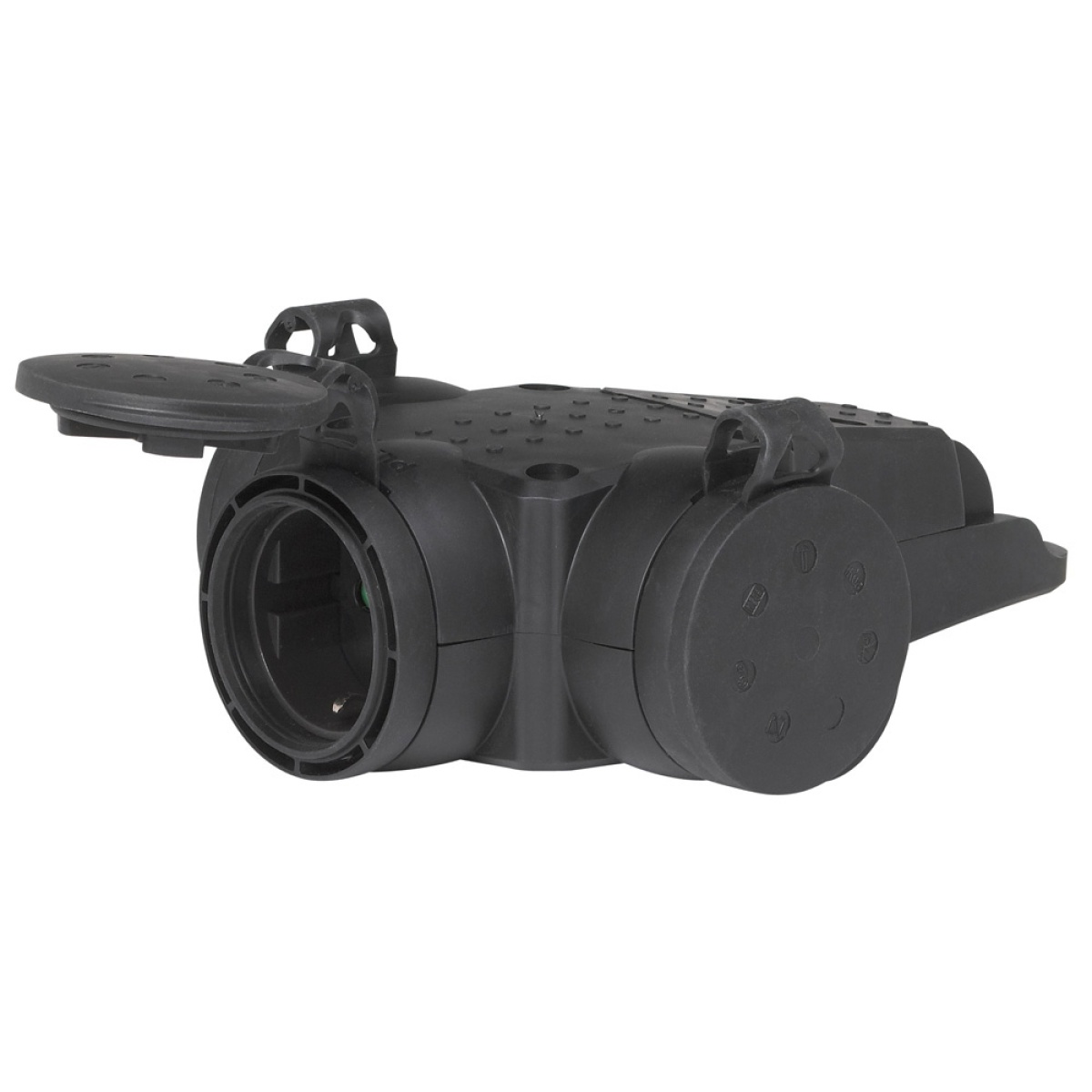 Ficha tripla Fêmea 3 x 2PT - 16 A - borracha - Preto - IP 44 com tampas e fich