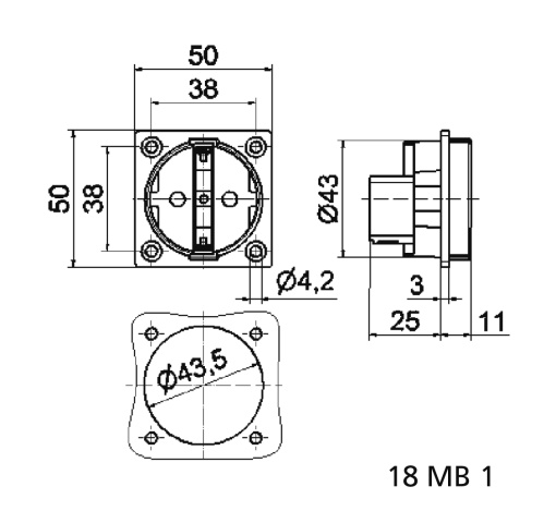 Domestic panel mounting socket outlet straight System F German standard 16A 3p 250V IP20