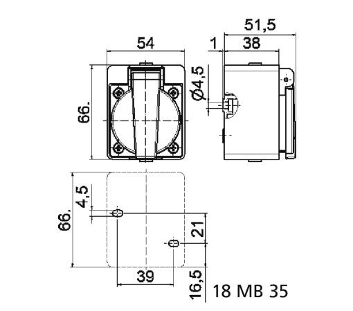 Domestic wall mounting socket outlet straight 16A 3p 250V IP44