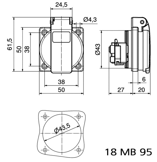 Domestic panel mounting socket outlet straight System F German standard 16A 3p 250V IP54