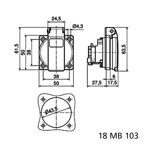 Domestic panel mounting socket QuickConnect screwless pushcontact System E BelgianFrench standard 16A 3p 250V IP54