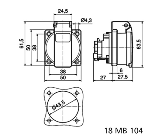 Domestic panel mounting socket outlet QuickConnect screwless pushcontact System F German standard 16A 3p 250V IP54