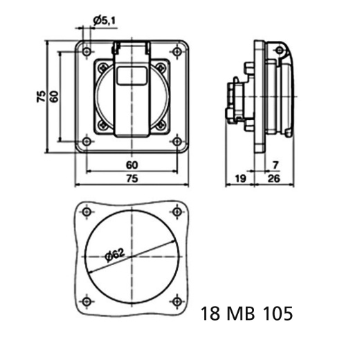 Domestic panel mounting socket QuickConnect screwless pushcontact System E BelgianFrench standard 16A 3p 250V IP54