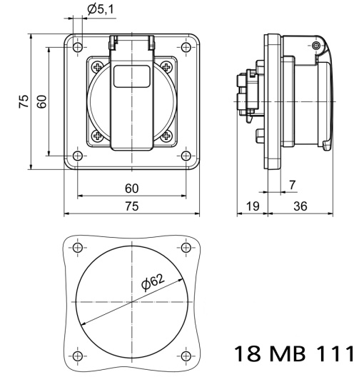 Domestic panel mounting socket outlet straight System F German standard 16A 3p 250V IP54
